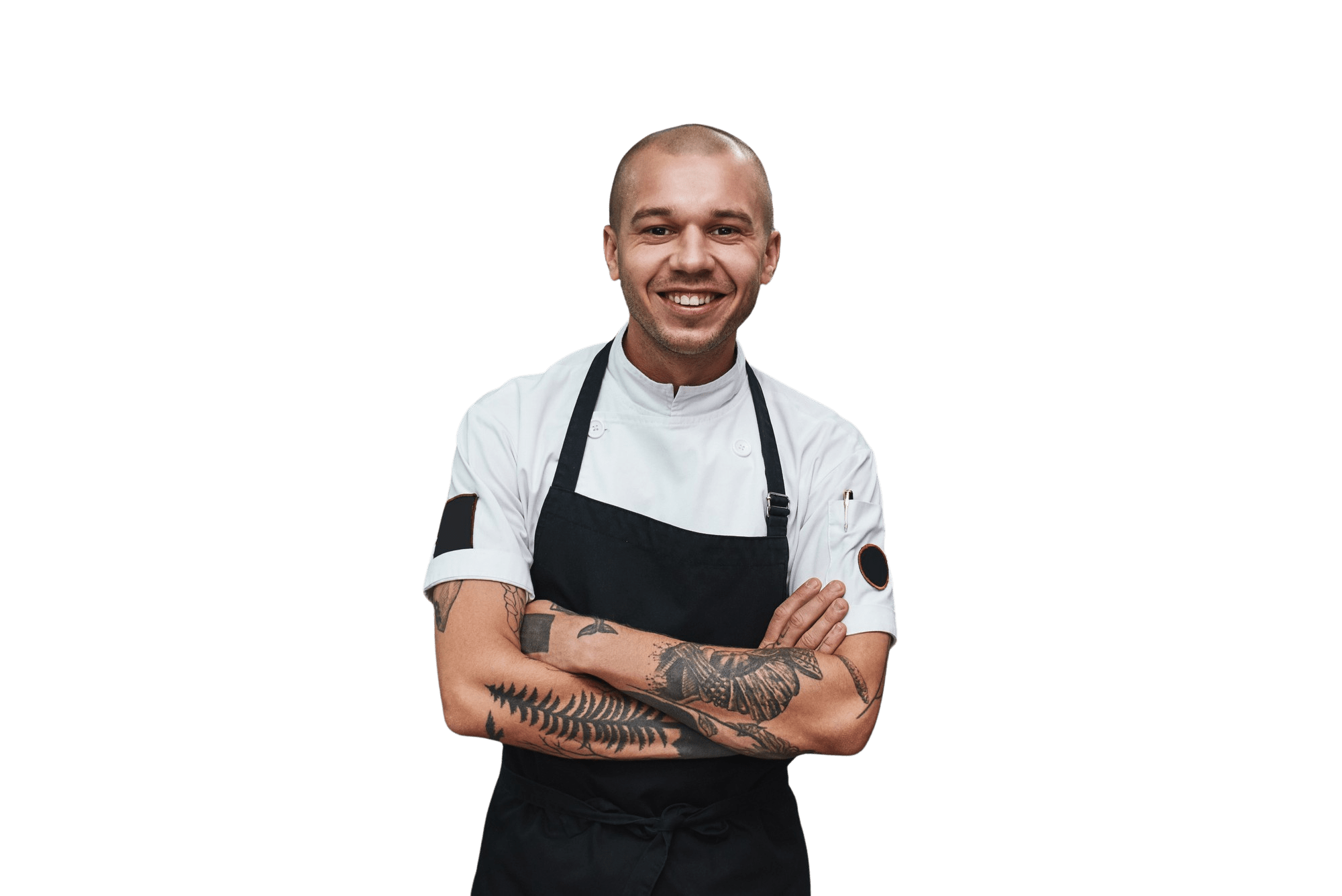 young chef apron keeping tattooed arms crossed smiling while standing restaurant kitchen 6 removebg 1